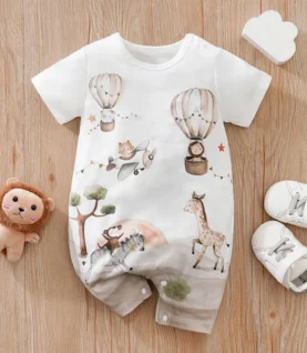 Summer Boys And Girls Cute Cartoon Animal Print Comfortable Casual Short Sleeve Baby Bodysuit