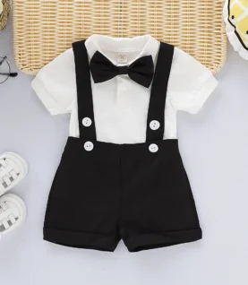 Mini Gentleman Outfit Newborn Baby Boy Formal Costumes Short Sleeve Shirt With Bow + Romper Short Pants Summer Fashion 2 Pcs Set